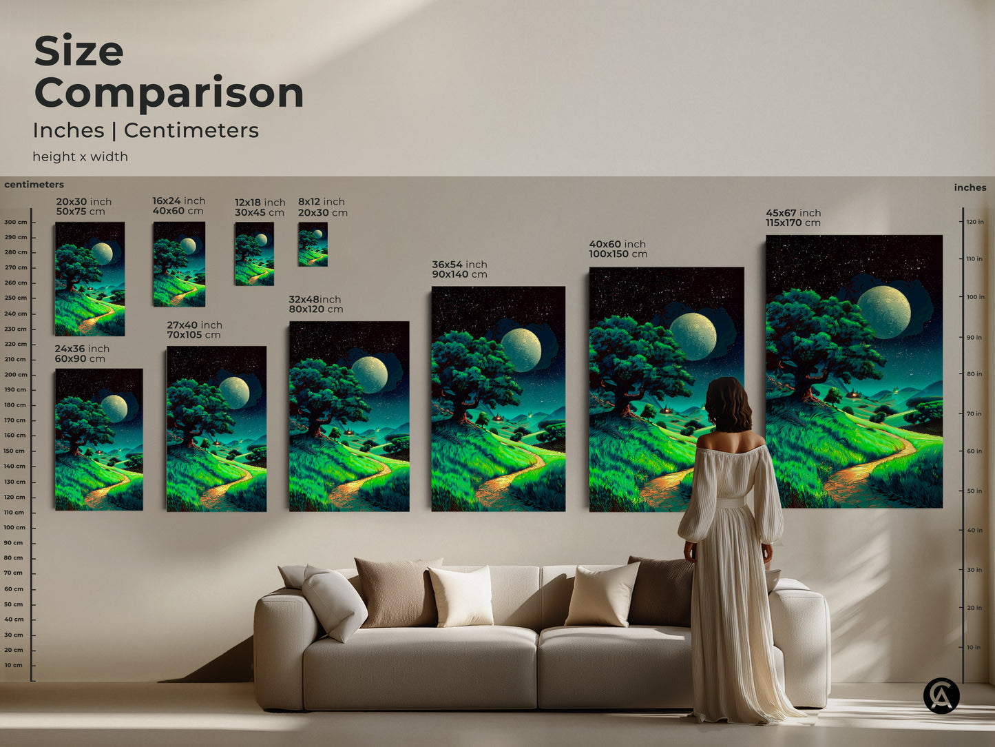 Size comparison of moonlit tree artwork inches centimeters. View various sizes of canvas prints. Fantasy nature wall decor available here to fit your space perfectly.