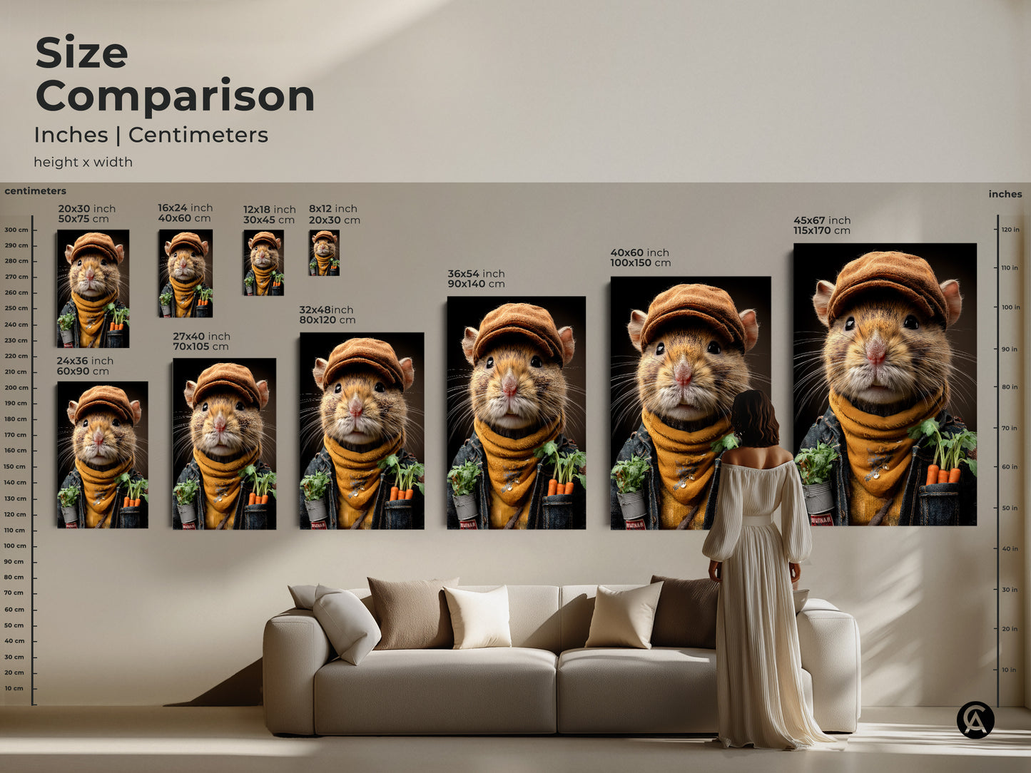 Size comparison of the realistic mouse portrait art print. The various dimensions are displayed above a couch for scale. This helps visualize the impact of this eclectic home decor piece. Perfect for adding a unique touch to your living room or home office with a touch of whimsy.