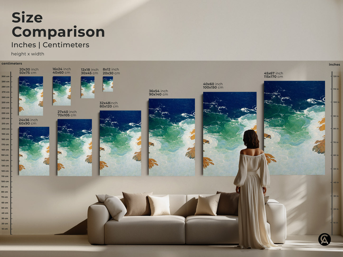 Size comparison illustrates abstract ocean waves artwork in inches and centimeters. Coastal modern wall art is displayed in various dimensions on a wall. Deep blue emerald seascape art enhances any living room. A large abstract coastline canvas is perfect for a beach lover. This residential abstract painting brings an artistic ocean view.