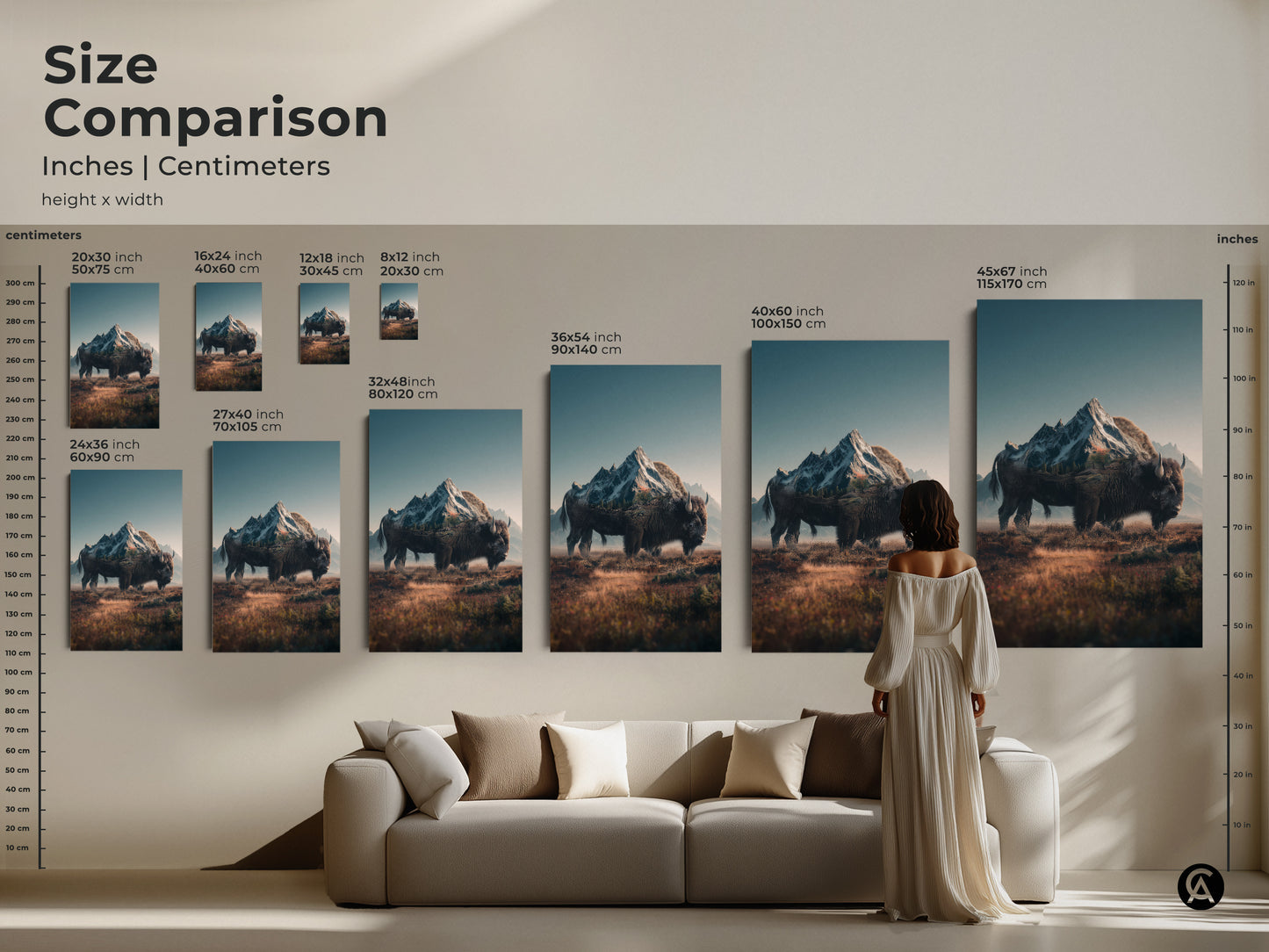 Size comparison of bison and mountain artwork. Various sizes are displayed in inches and centimeters. See how the artwork fits above a couch. Visualize the perfect size for your living space or office wall.