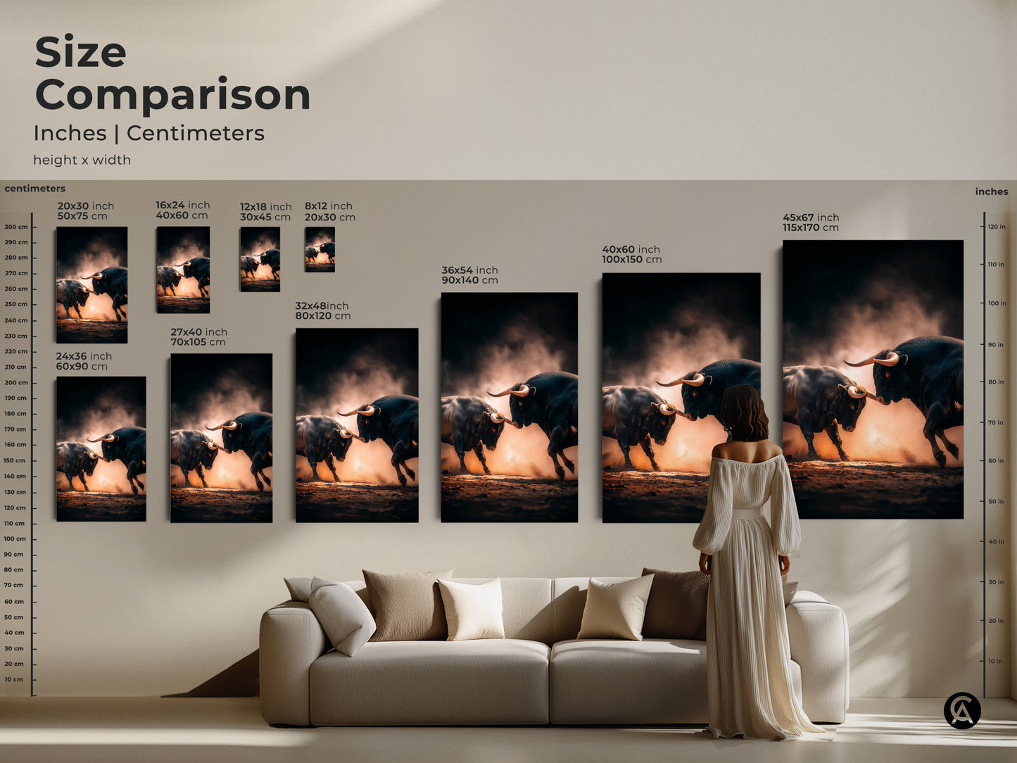 Size comparison of bull fighting artwork. Inches and centimeters height x width. See how the art looks in different sizes in a living room setting. Available in various sizes to fit your space. Find the perfect size for your home now.