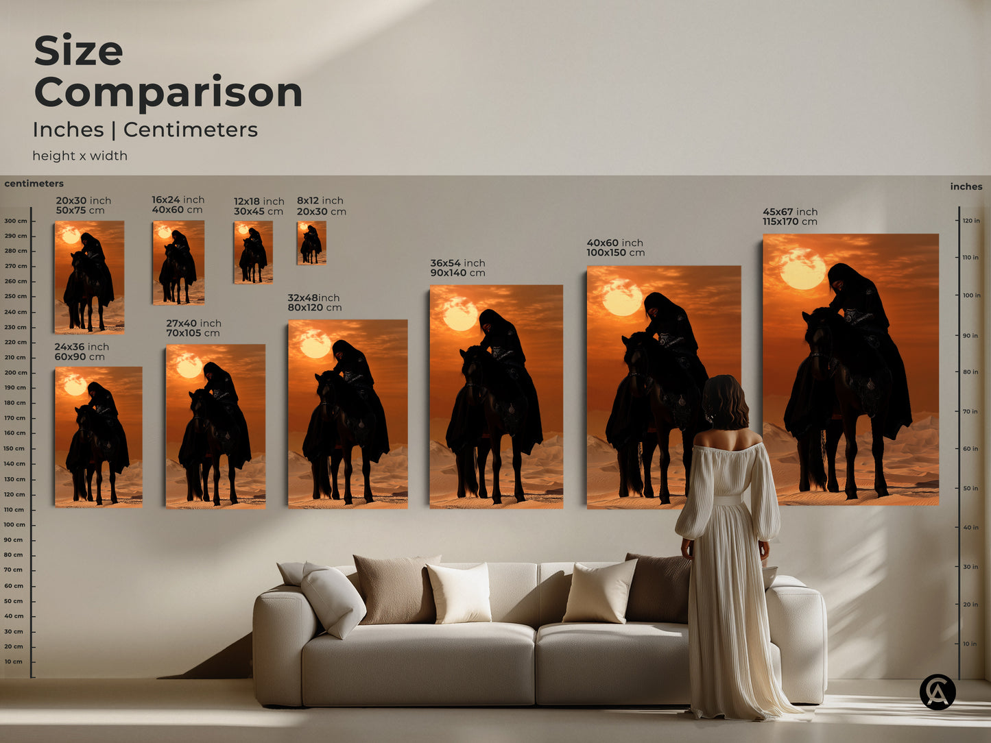 Compare sizes of canvas and poster prints with our size comparison chart. It features a Desert Rider on an Arabian Horse against a warm desert sunset. This equestrian gift idea is a perfect addition to any space. The sizes are listed in inches and centimeters.