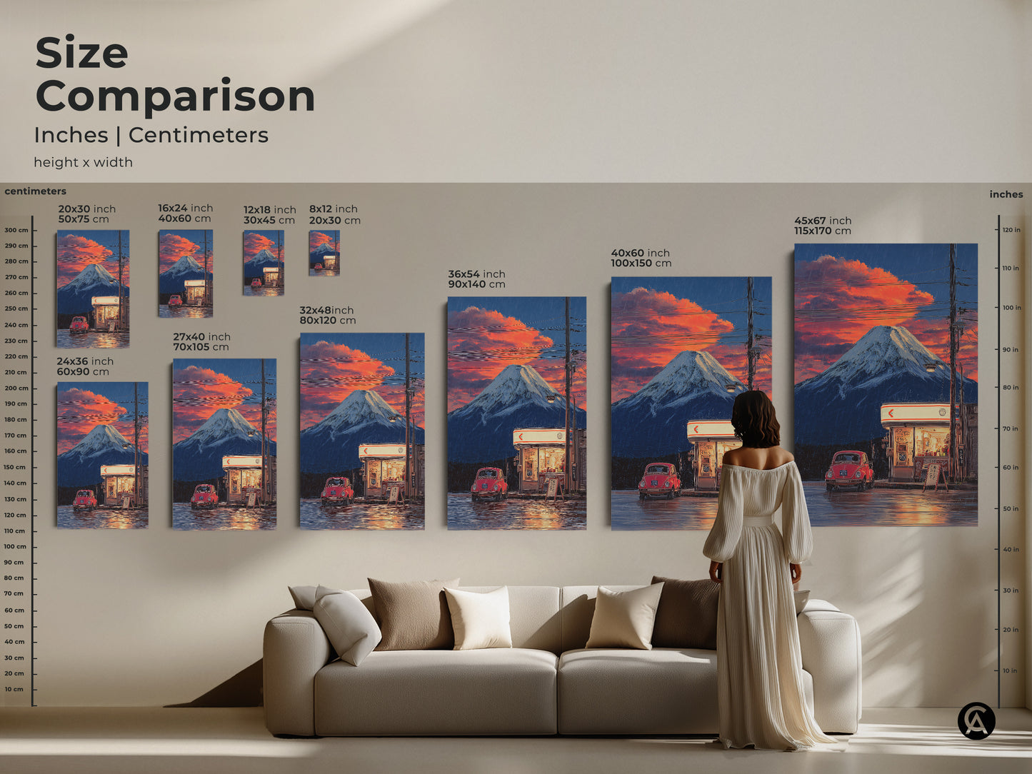 Size comparison of Mount Fuji artwork in inches and centimeters. View canvas and poster sizes from 20x30 cm to 45x67 inches. This retro Japanese landscape includes a vintage red car. Perfect for home office or living room wall decor.