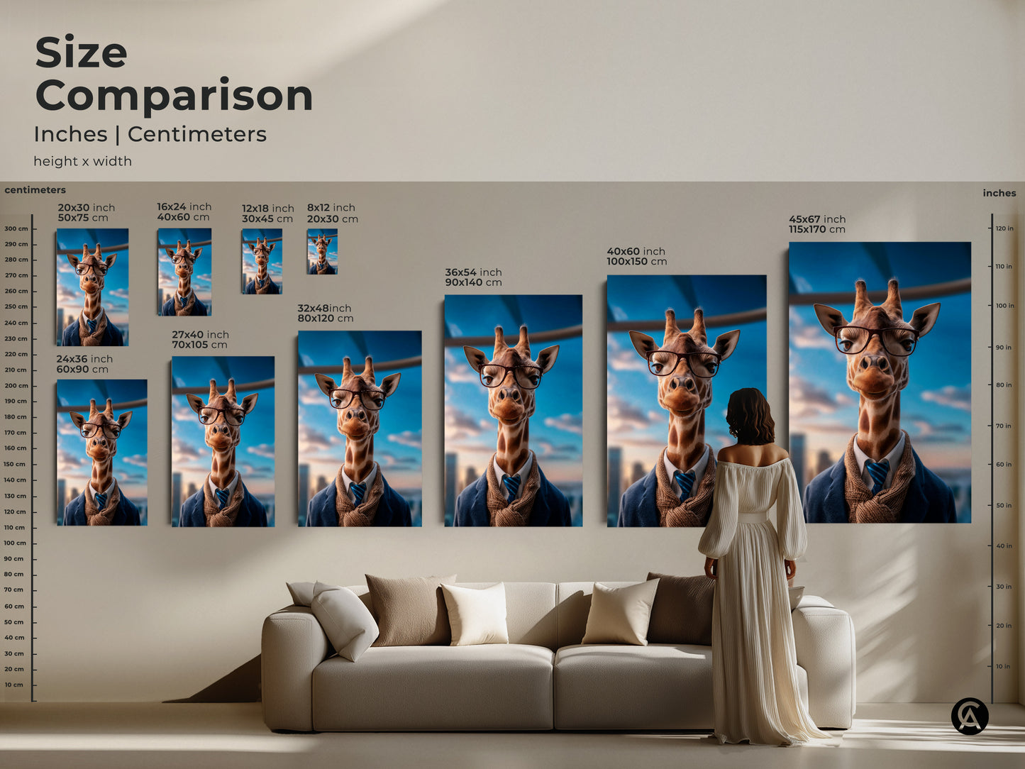 Compare sizes with this visual guide for Eclectic Giraffe Wall Art. See how the tan brown artwork fits in different room settings. From small 8x12 prints to large 45x67 canvases find the perfect size. Elevate your animal themed office decor today with a sophisticated touch.