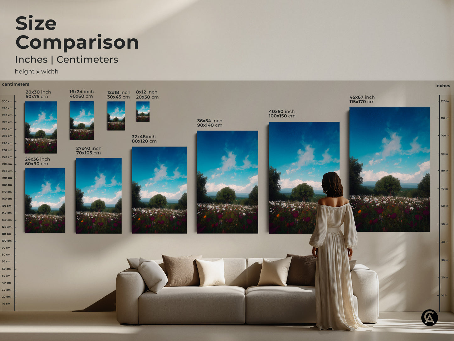 Size comparison of scenic wildflower art prints in a living room. The sizes range from small to extra large. The impressionistic mountain landscape canvas adds beauty. Find the perfect size for your boho nature wall decor.