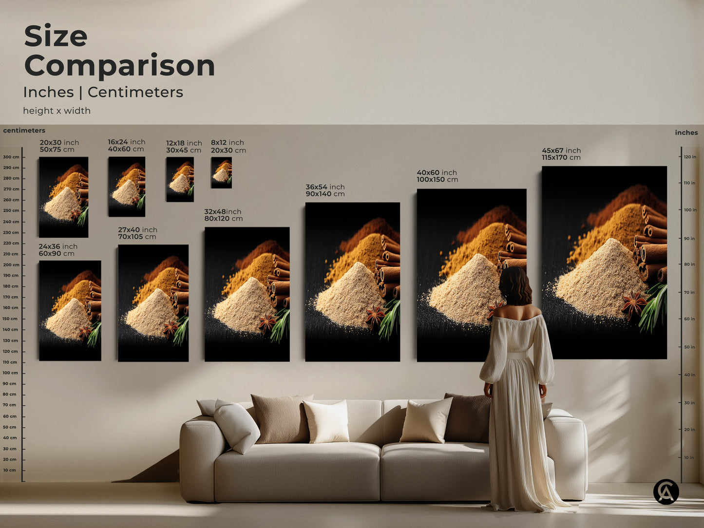 Size comparison of Spice Art Prints. The image shows various sizes to fit different spaces. The cinnamon sticks star anise and spice artwork creates a warm inviting atmosphere. Find the perfect fit for your modern farmhouse decor. Tan and brown tones enhance any kitchen or dining area. A great gift for bakers.