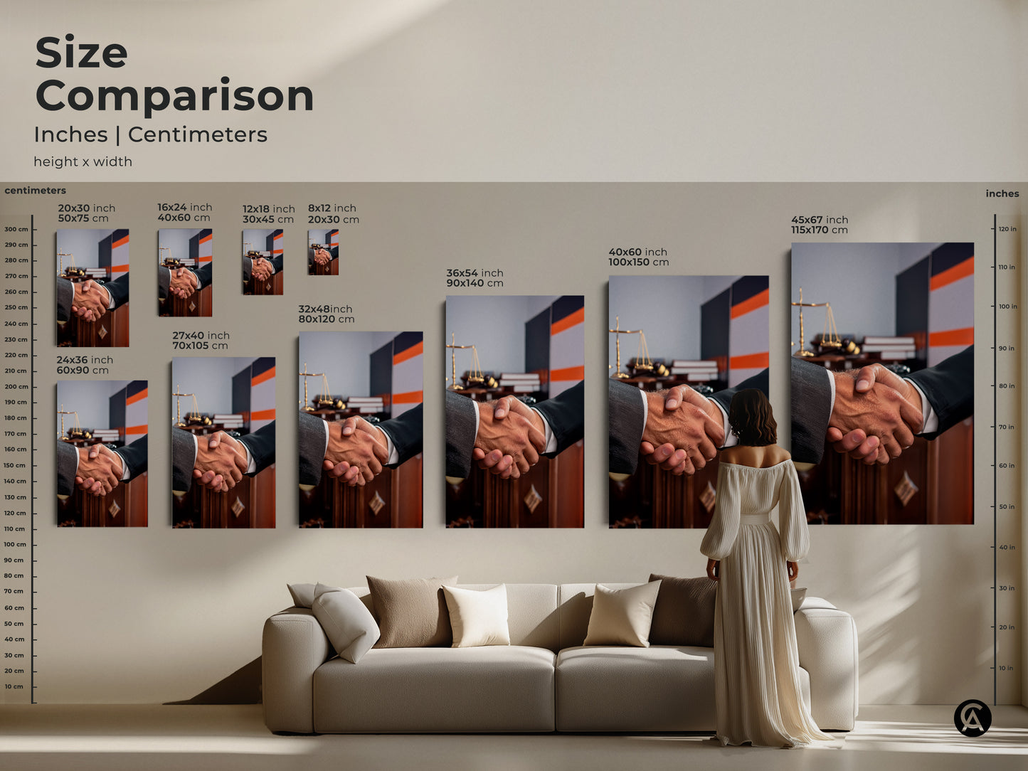 Size comparison of handshake artwork in inches and centimeters. Visualize canvas and poster art in various dimensions for your office. Sizes range from 20x30 cm to 45x67 inches. Perfect for lawyer gifts and sophisticated office decor. Select the right scale for your legal office wall art. Transform your space with scales of justice artwork.