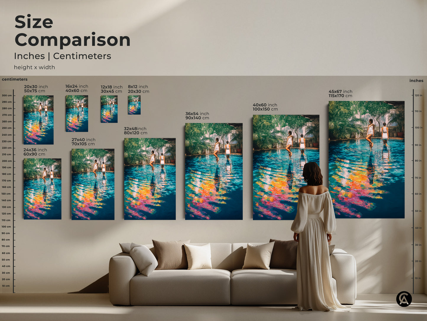 Size comparison featuring inches and centimeters for poolside women wall artwork. Visualize how the teal yellow blue art fits in your living room above the couch. Canvas and poster options are available.