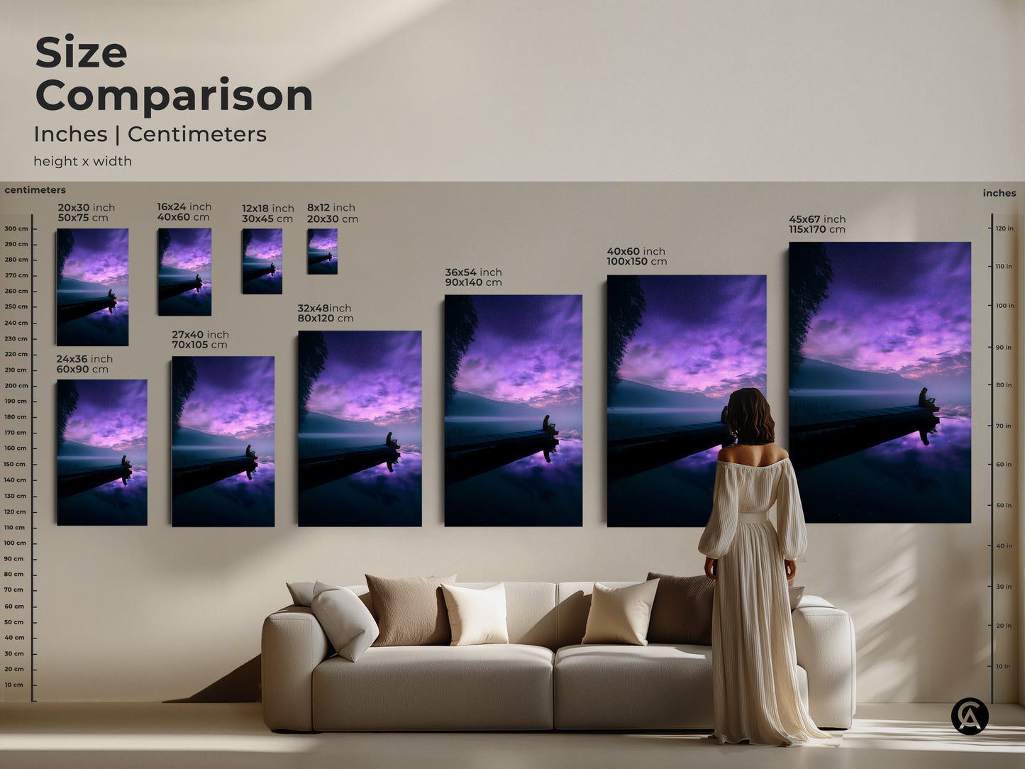 Size comparison showcasing various dimensions of this dreamy purple lake artwork. See how the surreal night sky wall decor fits above a sofa. Visualize sizes from small to extra large for your perfect minimalist landscape poster.