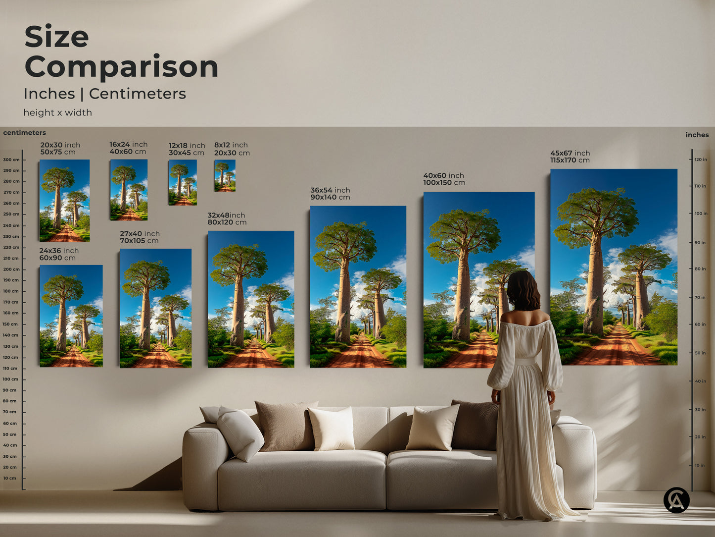 Size comparison of boho Baobab tree African landscape prints in inches and centimeters. This nature artwork features a dirt road leading to Baobab trees under a blue sky. Perfect as residential wall art decor. Find your ideal boho landscape canvas.