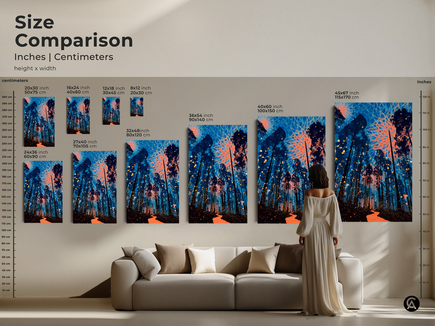 Compare sizes of surreal forest art prints. See how deep blue pine trees and coral art look in different dimensions. This fantasy nature art transforms any room. Discover the perfect size for your unique wall hanging. Explore abstract trees artwork today.