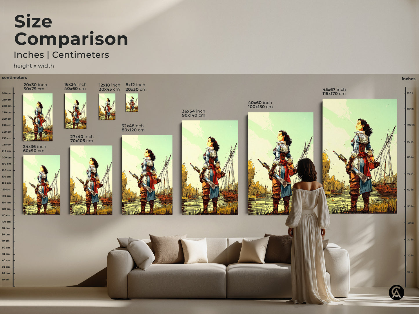 Size Comparison: inches and centimeters featuring a Female Pirate Captain with Sailing Ship. Artwork ranges from 20x30 cm to 45x67 inches. This visual guide shows how the artwork fits in different sizes in relation to a sofa and a person.