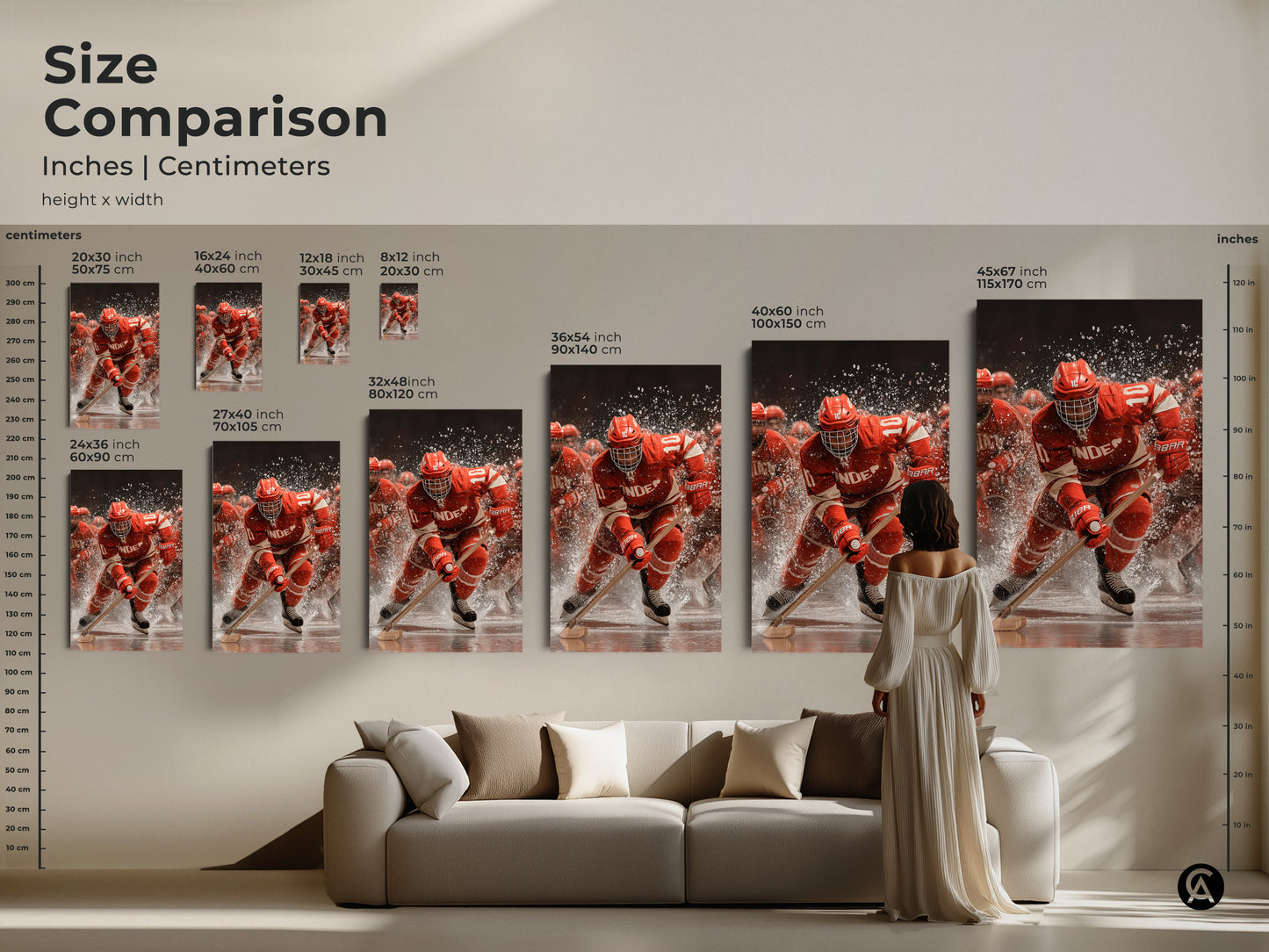 Size comparison of dynamic ice hockey artwork. Visualize how different sizes fit in your space in both inches and centimeters. Perfect for adding sports action to a living room or man cave these canvas and poster options cater to any hockey enthusiast's taste.