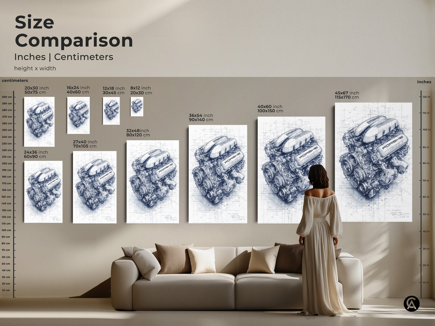 Size comparison of Porsche engine art prints. Shows sizes from small to large. Perfect for garage decor and car enthusiast gifts. See how the art fits above a sofa.