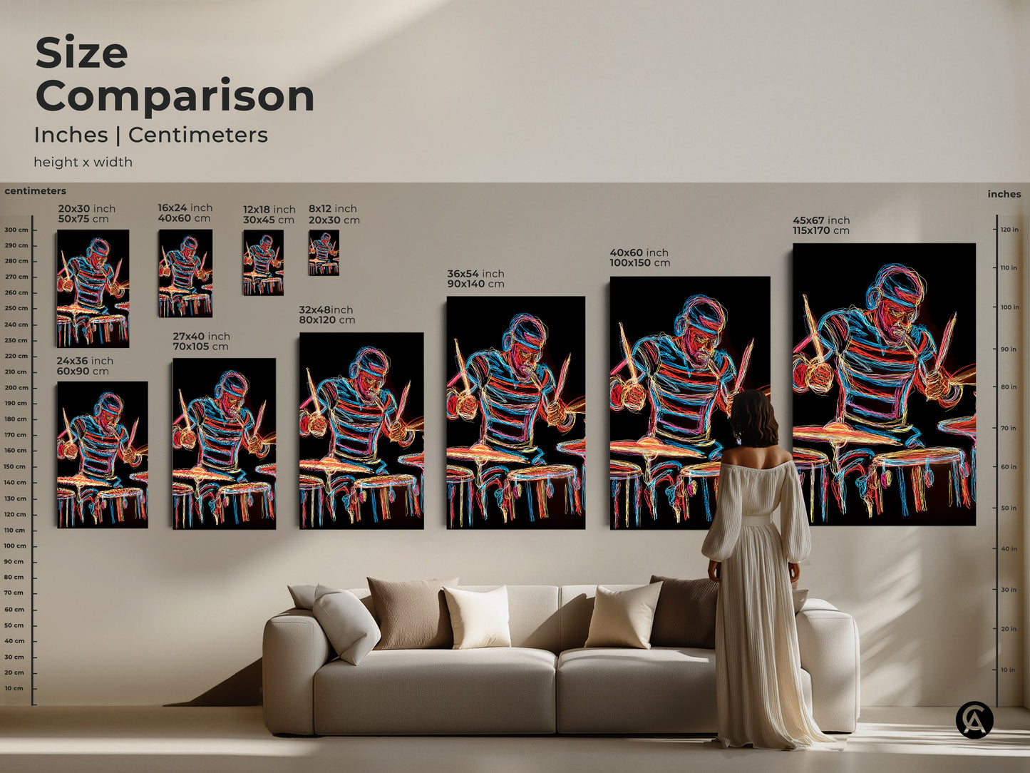 Size Comparison of the Neon Drummer Art Print. Various sizes are displayed in inches and centimeters. Perfect for home studio decoration. See how this abstract line art looks above a couch. Available as canvas and poster.