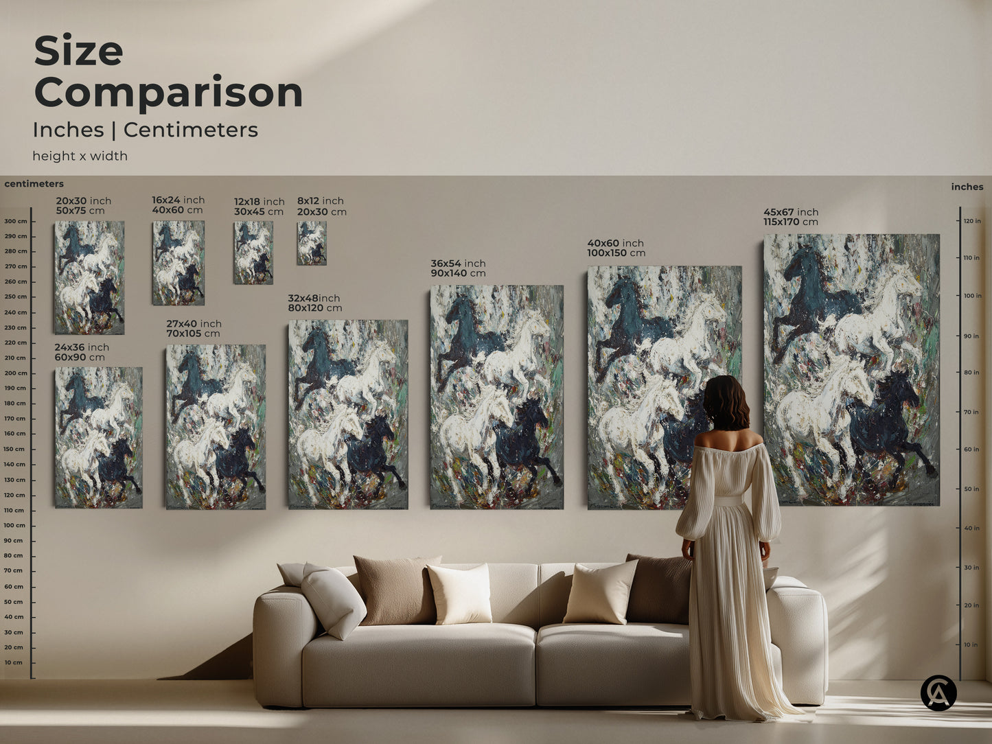 Size comparison of wild horses artwork in inches and centimeters. See how different sizes fit above a sofa. Choose from various dimensions to suit your space. Canvas and poster options available. Perfect for eclectic or modern decor. Fine art horse print.