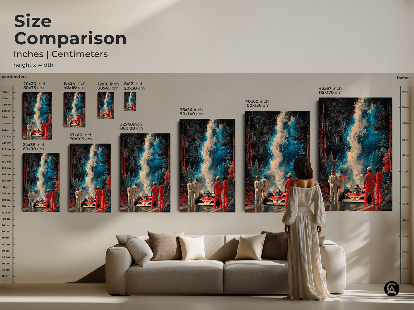 Size comparison of abstract Formula 1 art. Various sizes are displayed in inches and centimeters. Visualize the perfect fit for your space. Choose from canvas or poster prints. Elevate your decor with this unique artwork.