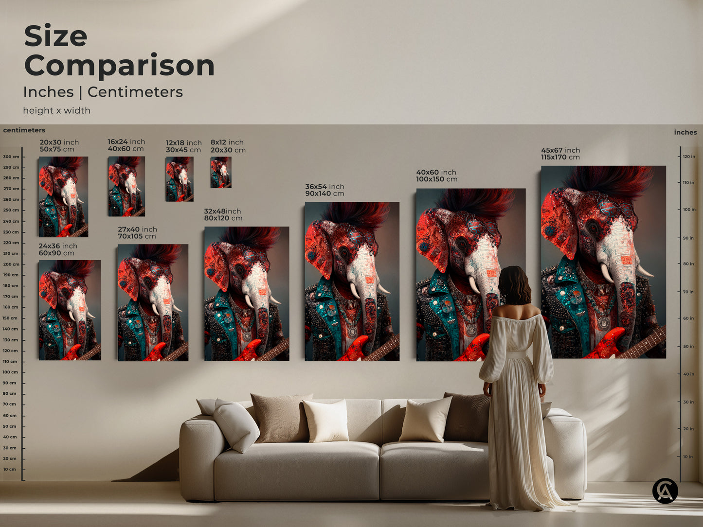 Size comparison showcasing a surreal elephant playing guitar canvas print. Visualize this punk rock artwork in various dimensions. See this eclectic animal art against a sofa for wall decor inspiration.