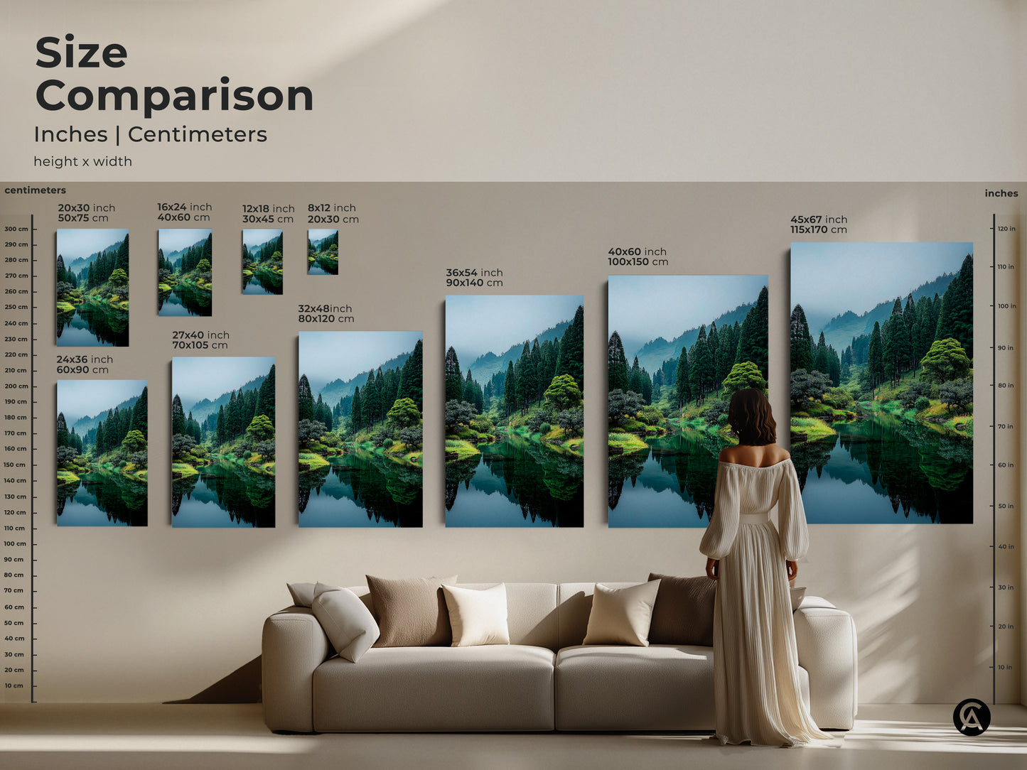 Size comparison of nature artwork in inches and centimeters. See how various sizes of forest lake canvas prints look above a sofa. Choose the ideal dimensions for your living room decor.