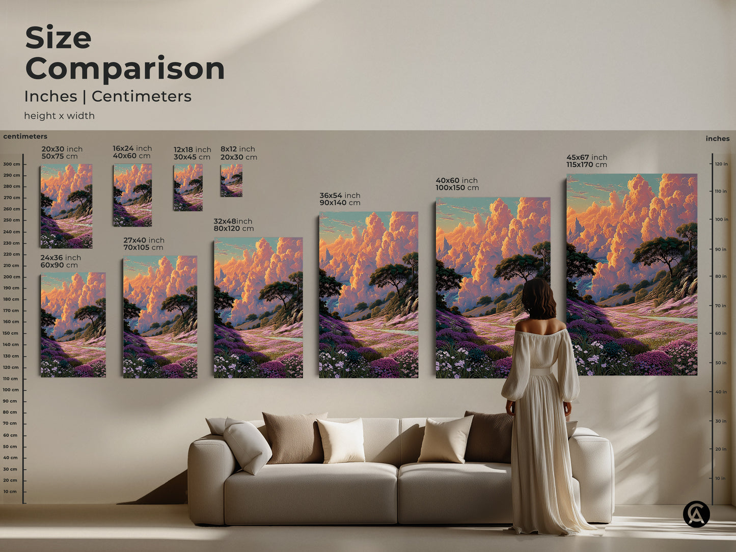 Size comparison of the impressionistic wildflower art print in inches and centimeters. See how the 12x18 inch 36x54 inch and 45x67 inch sizes fit above a sofa. This boho mountain landscape canvas is perfect for any room creating a nature inspired atmosphere.