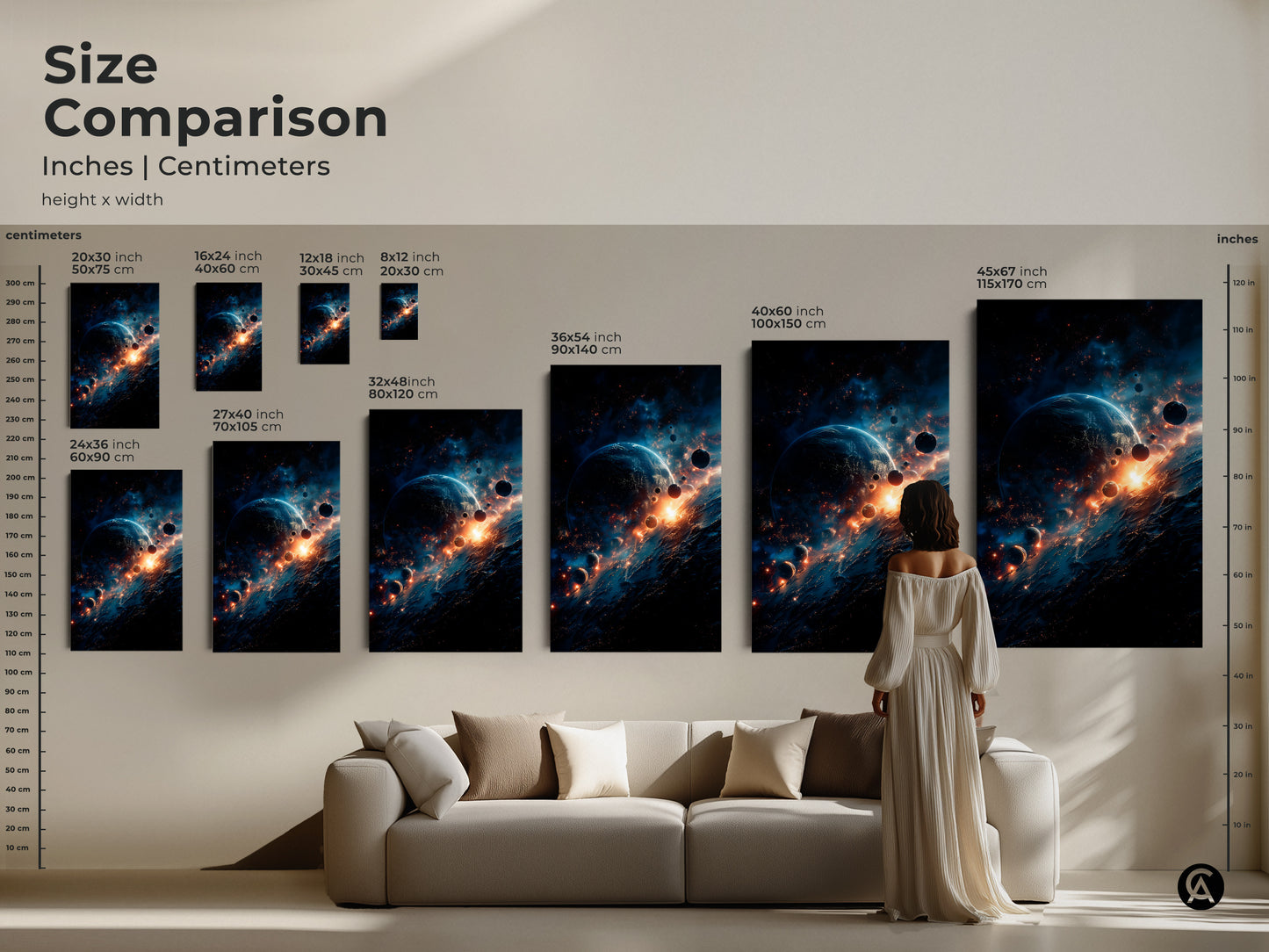 Size comparison of cosmic artwork prints in inches and centimeters. See how each print size looks in a living room setting. Choose from various sizes to suit your space needs. Find the perfect canvas or poster print for your home decor. Transform your space today.