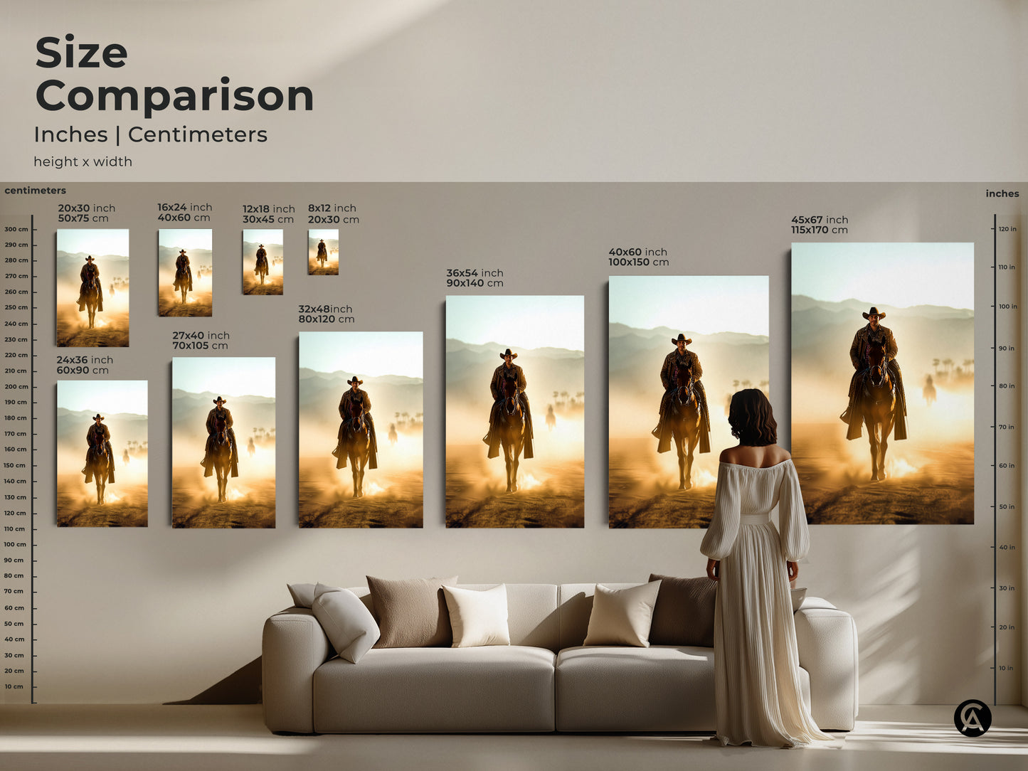 Size comparison for cowboy art featuring a Western cowboy on horseback. See the artwork in various sizes to visualize how it fits in your space. Perfect for adding a rustic Western touch to your home or office. Great wall decor.