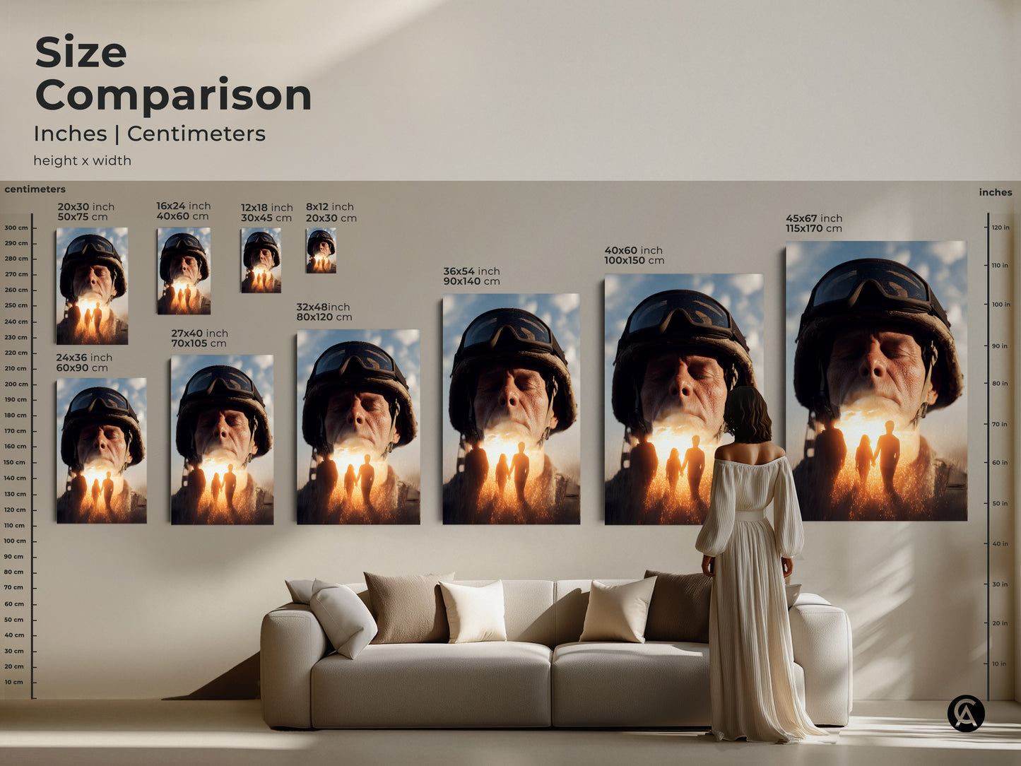 Size comparison of conceptual soldier portrait art. See how different sizes of this military family hope canvas fit above a sofa. Available in inches and centimeters. Perfect wall art for any room. Makes a thoughtful veteran's day gift.