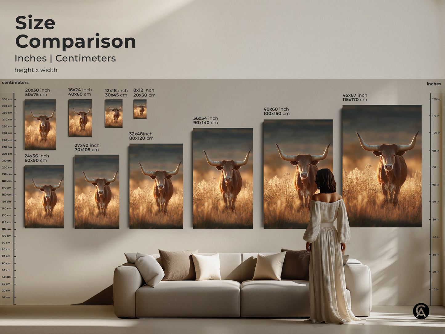 Size comparison of longhorn bull canvas prints in a living room setting. Sizes range from small to large. The artwork depicts a longhorn bull in a savanna. This canvas art adds a touch of rustic western style to your home decor. Perfect for creating a cozy atmosphere.