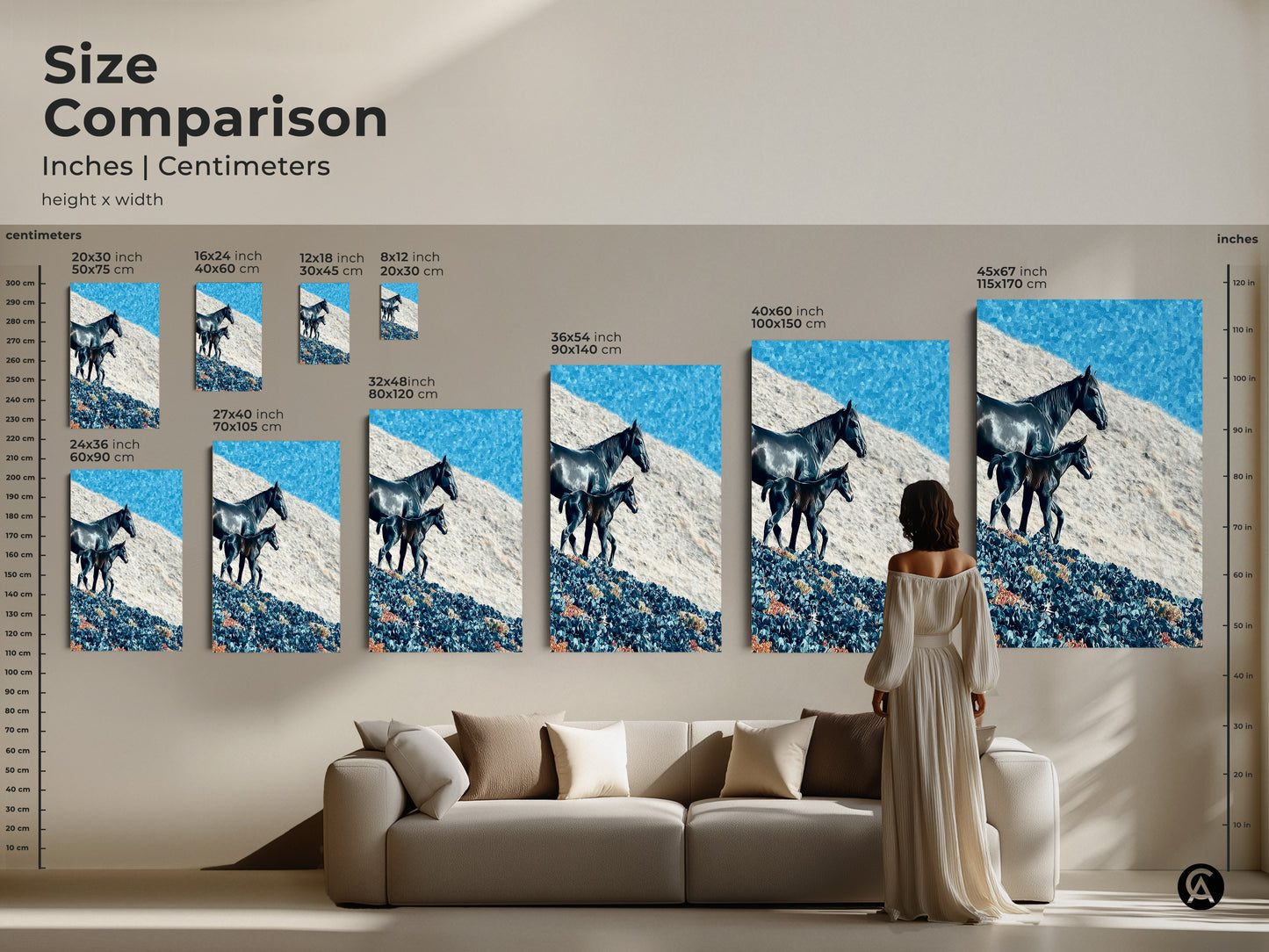 A size comparison displays horse and foal art in inches and centimeters. See various canvas and poster print sizes. Visualize the art above a sofa. Perfect animal wall decor for any horse lover.