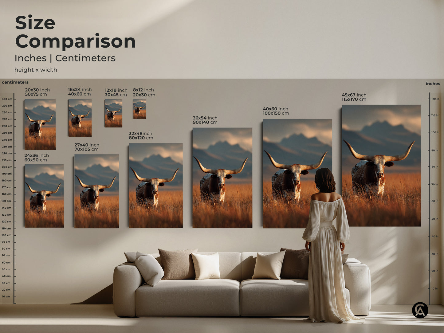 Size comparison of longhorn cattle artwork. See canvas and poster prints in various sizes. The artwork is displayed in inches and centimeters. Perfect for any rustic western decor. Ideal for a farmhouse or ranch style home. Visualize the art in your space.