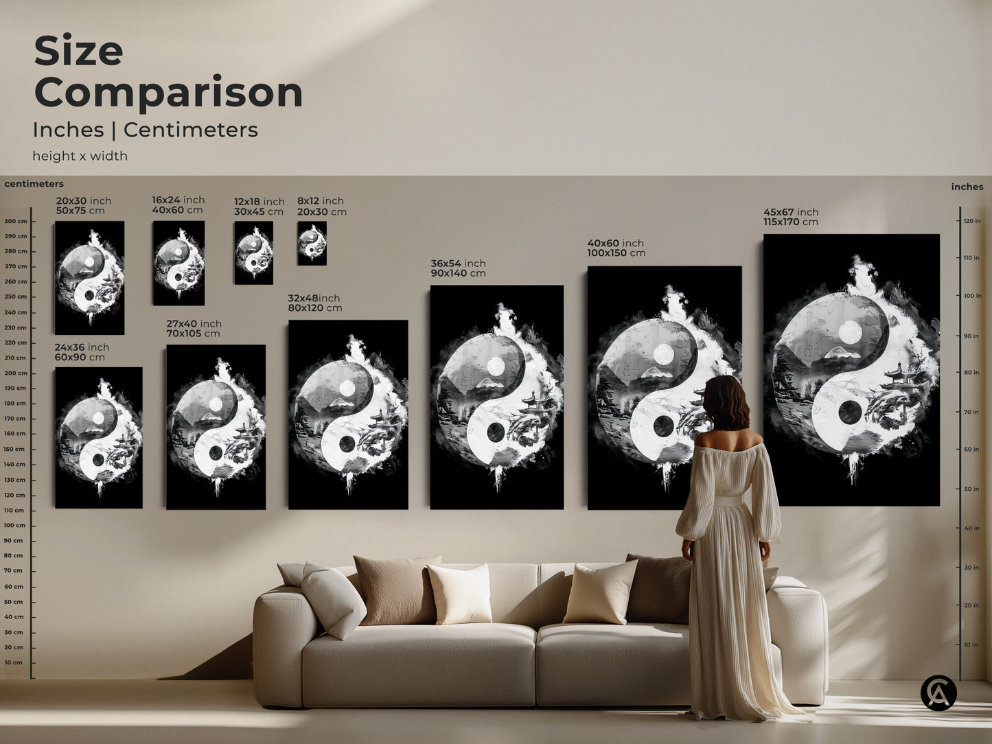 Size comparison of Yin Yang art prints in inches and centimeters. Visualize the perfect fit for your space. Featuring monochrome landscape canvas prints for office living room or study room wall decor.