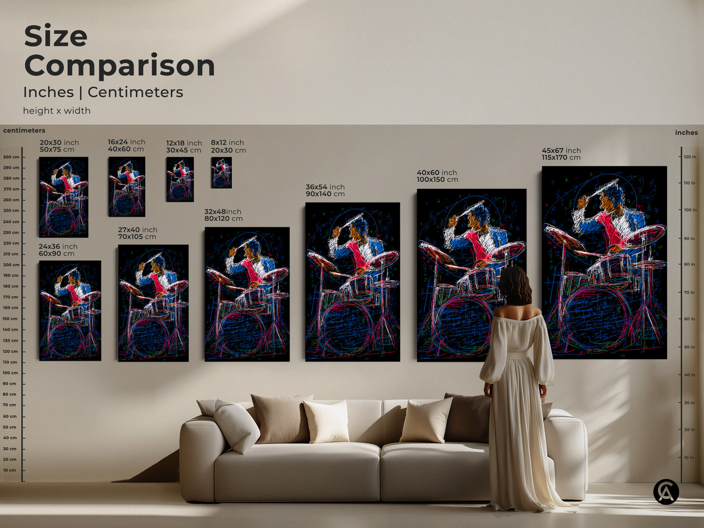 Size comparison showcasing abstract drummer art prints in various dimensions. The red blue and black artwork adds dynamic style to any space. Find the perfect fit for your wall with this size guide.