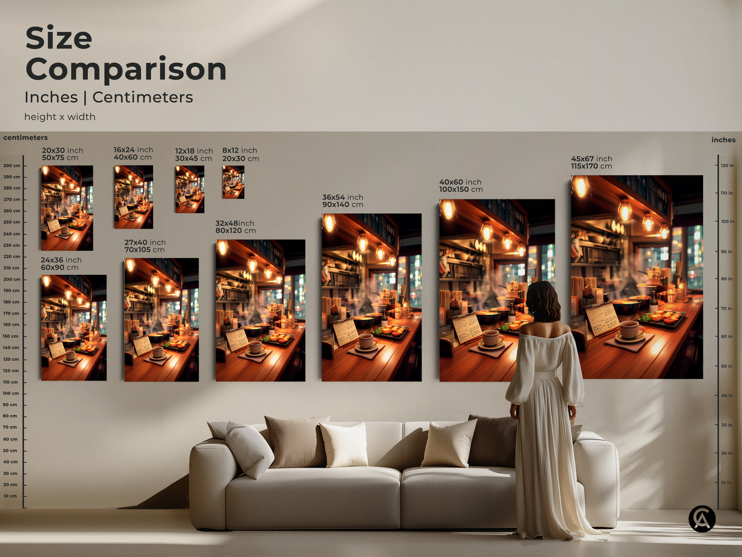 Size comparison for ramen bar art prints. See inches and centimeters for canvas and poster sizes. Visualize how each artwork fits above a sofa. Choose the perfect size for your wall decor. Transform your living space today.