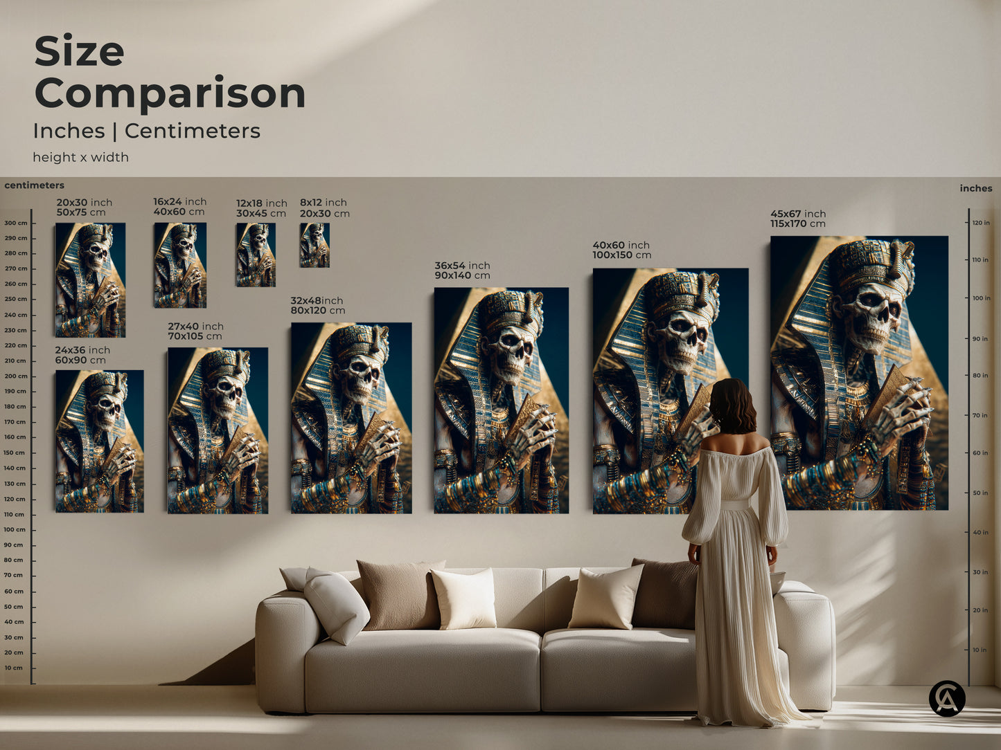 Size comparison of Gothic Pharaoh Skeleton Art Prints and Canvases. The image highlights various sizes of the artwork in inches and centimeters. Imagine eclectic wall art above your couch or office.