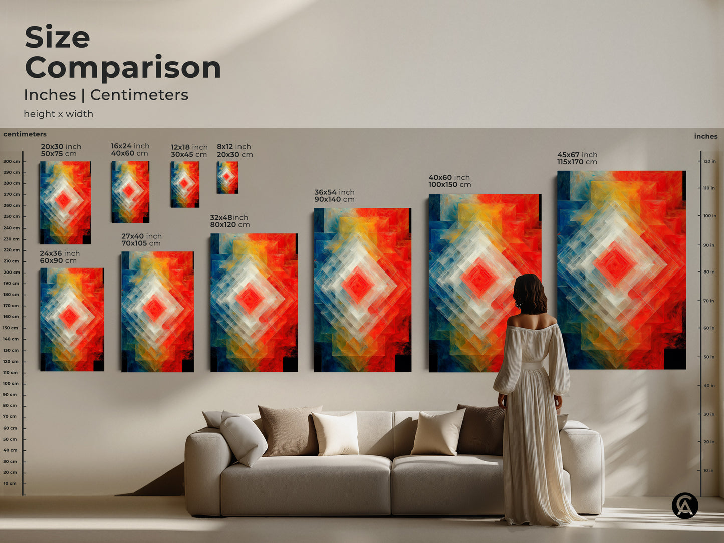 Size comparison of Geometric Abstract Wall Art in inches and centimeters. A woman stands near a sofa viewing the artwork. Layered diamond shapes art features a red blue and orange color palette. Multiple sizes for various spaces in your home or office.