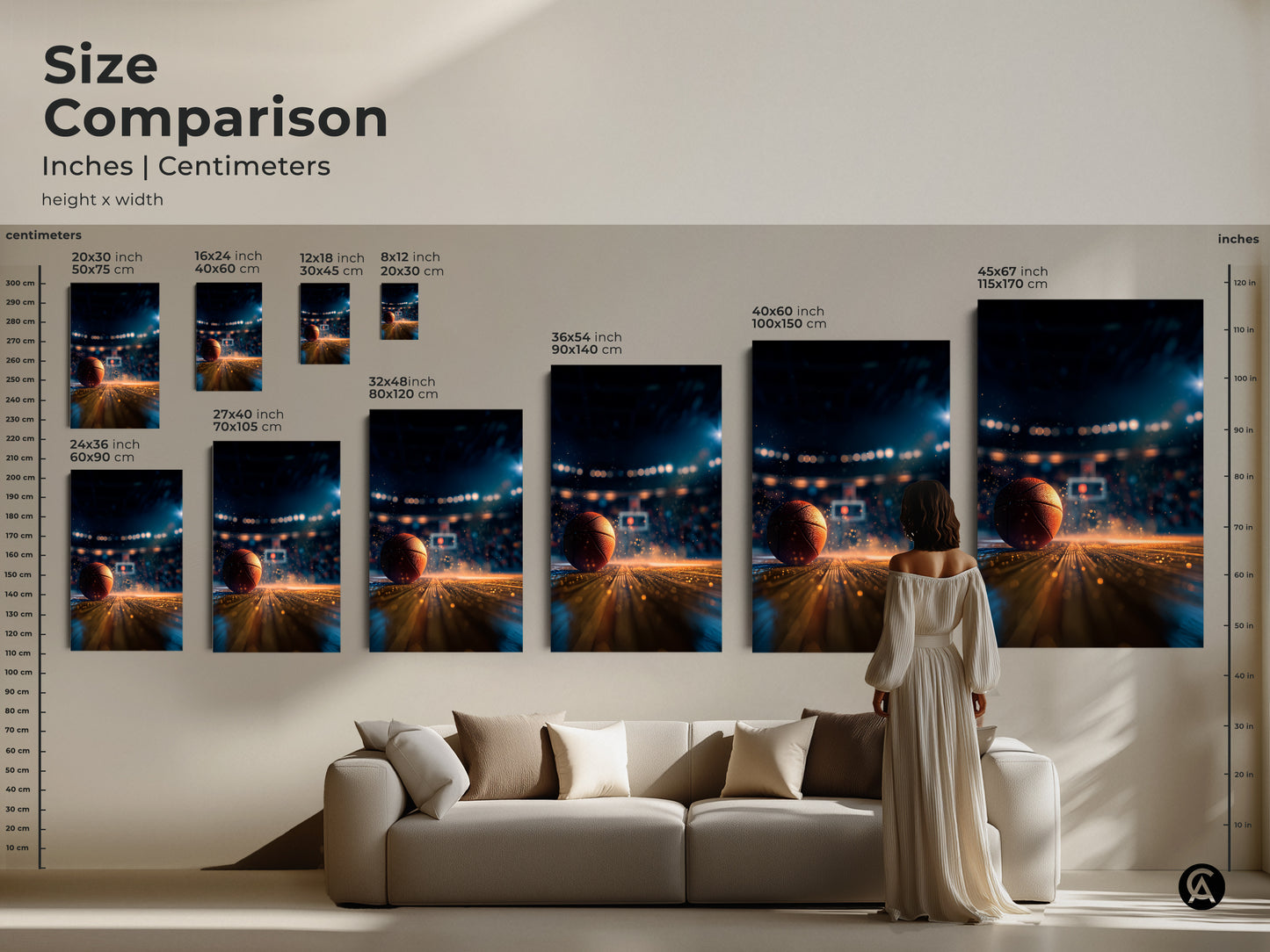 Compare sizes of basketball art in inches and centimeters. A woman is standing next to the artwork for scale. Visualize the impact of each piece in your home. Choose the perfect size for your space. This artwork is perfect for you.