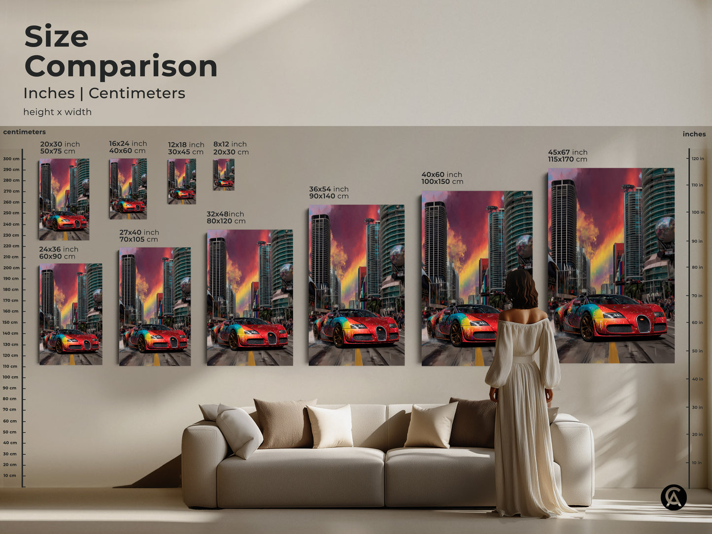 Size comparison of the abstract rainbow sports car art. See how the red sports car art fits above a couch. Available in various sizes from small to large. This modern car art adds color and energy to any room. The urban graffiti artwork is perfect for car lovers. This size comparison helps visualize the canvas print in your space. Find the perfect automotive themed decor.