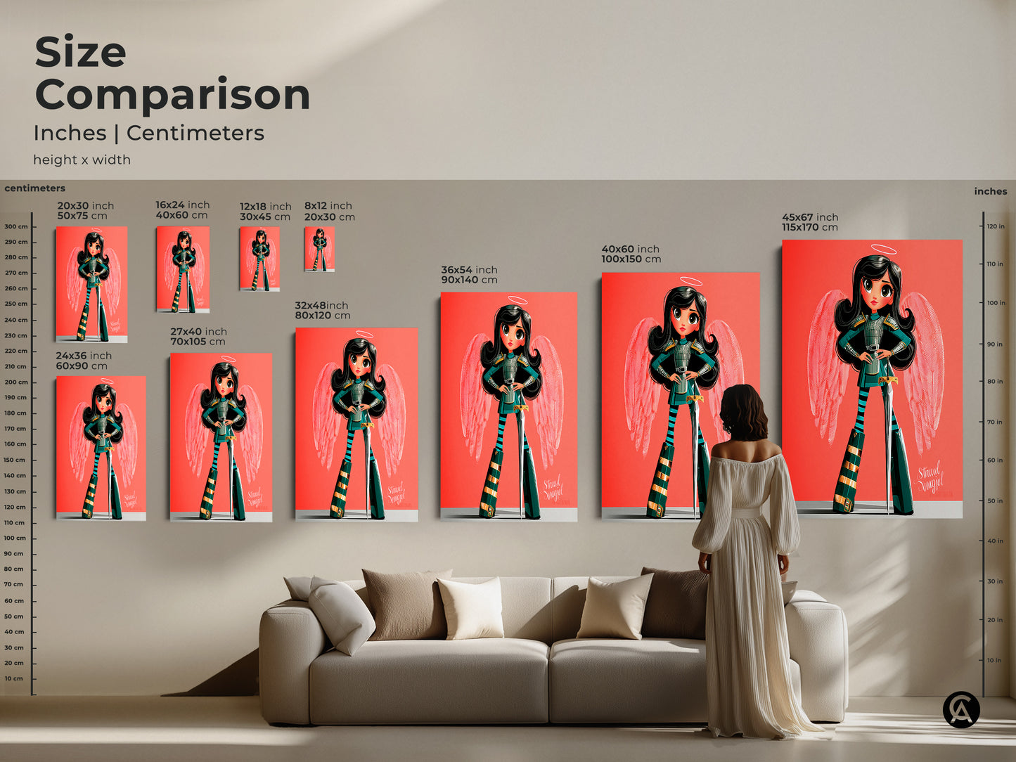 Size comparison of the angel warrior canvas print. It highlights various sizes for the modern cartoon angel girl art. Perfect as kids birthday gift art for an eclectic space. Great bedroom wall art.