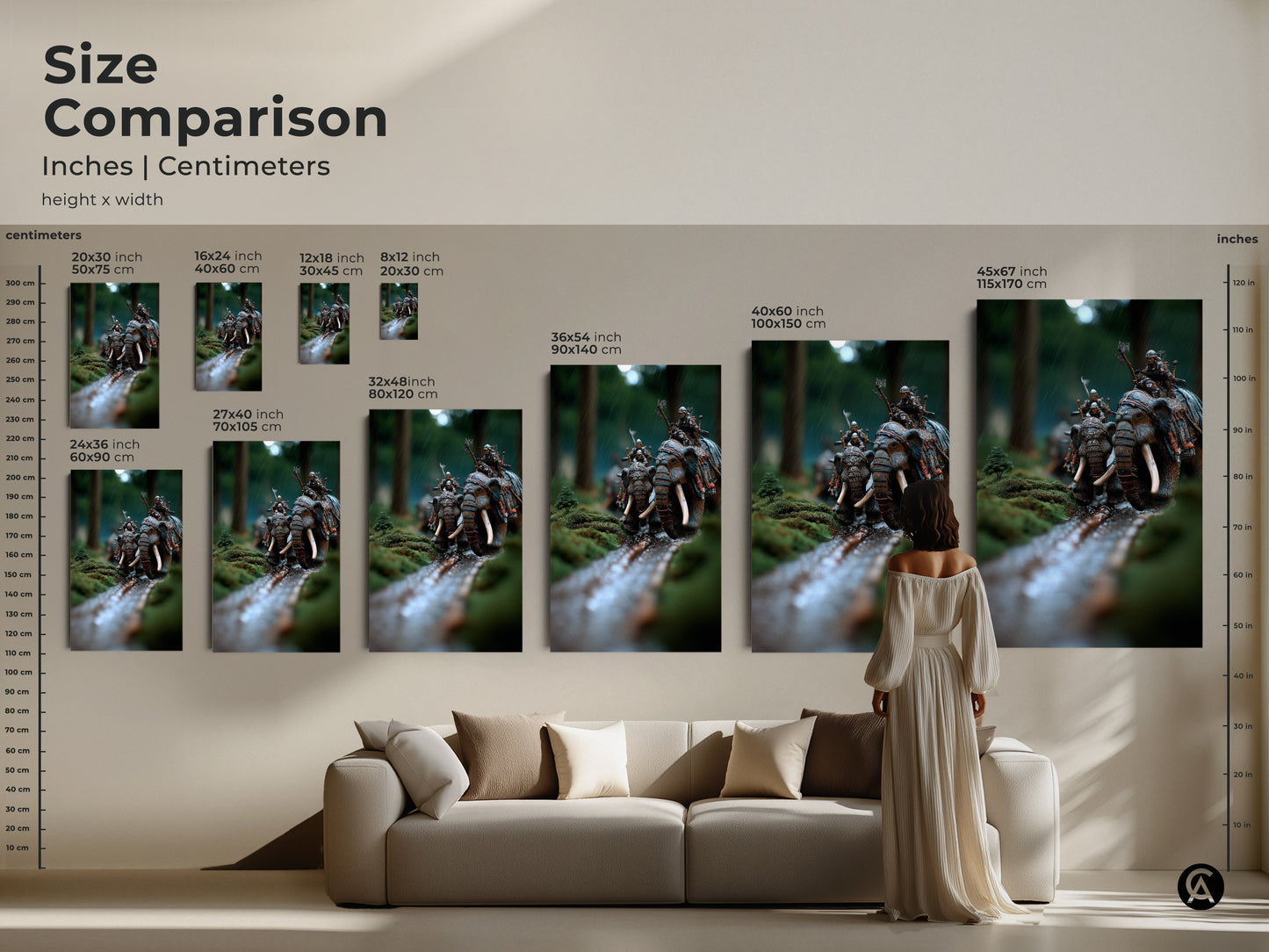 Size comparison of elephant warrior art prints. See how this fantasy battle scene artwork fits in different room settings. From small prints to large statement pieces this moss green and earthy brown artwork will transform your space. Perfect for eclectic home decor.