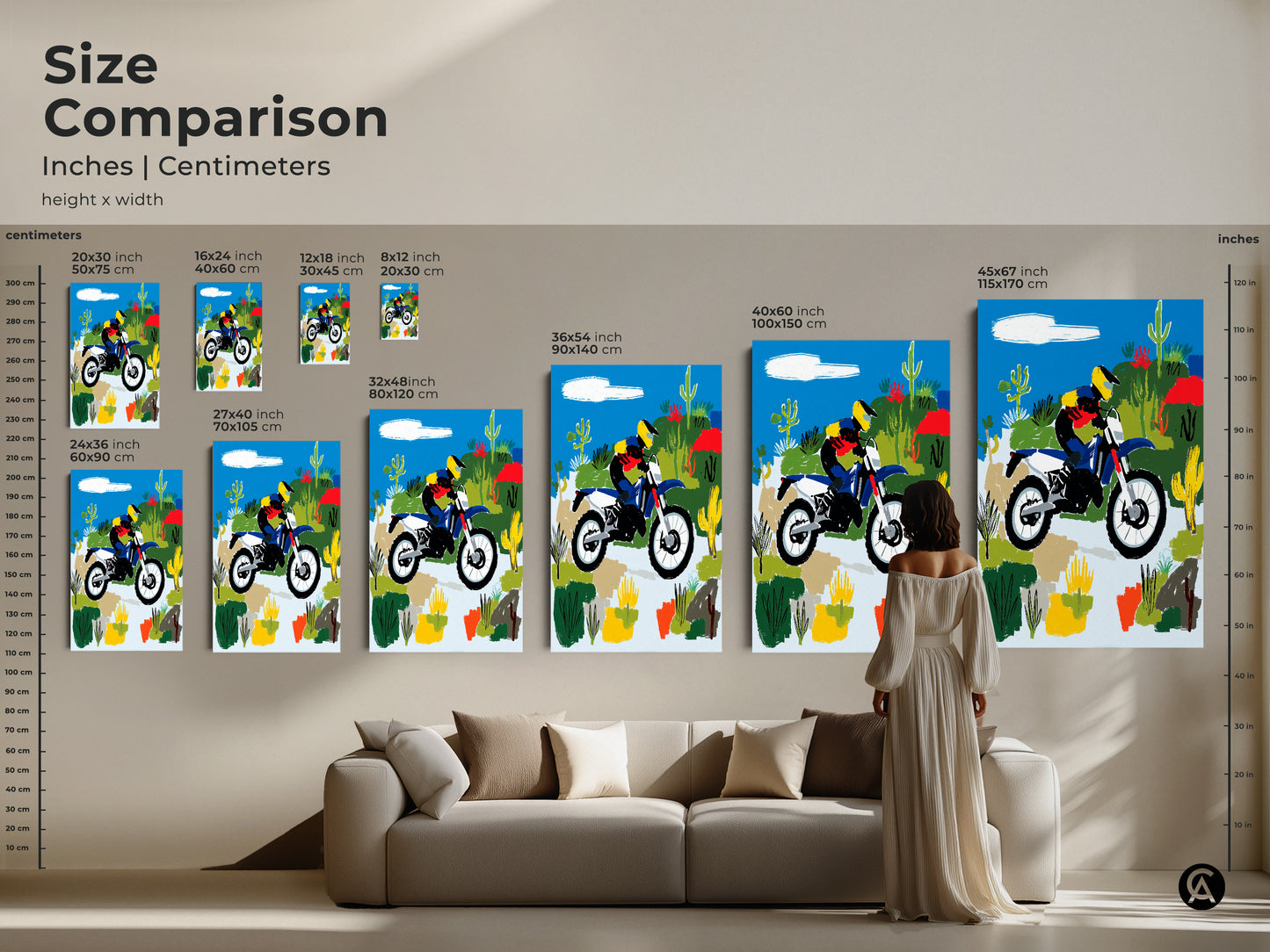 Size comparison of motocross prints. View canvas sizes in inches and centimeters. The desert dirt bike art is displayed in various dimensions. Find the perfect fit for wall decor in any room. This abstract rider artwork suits a man cave garage or sports themed space.
