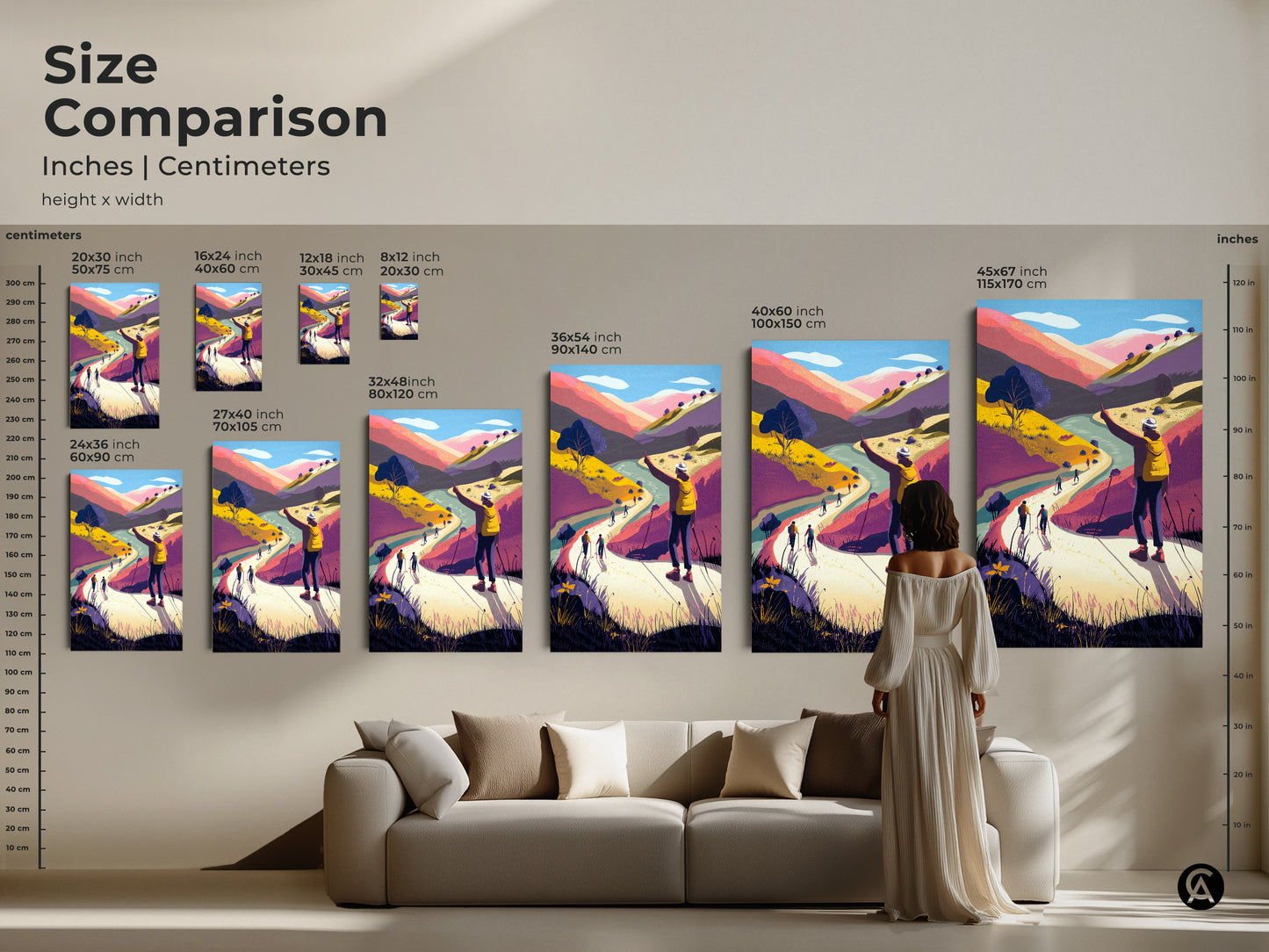 Size comparison of mountain landscape art prints in inches and centimeters. From 16x24 to 45x67 inches find the ideal size for your space. Modern folk art adds a colorful touch to any room. The artwork is perfect for living room landscape art.