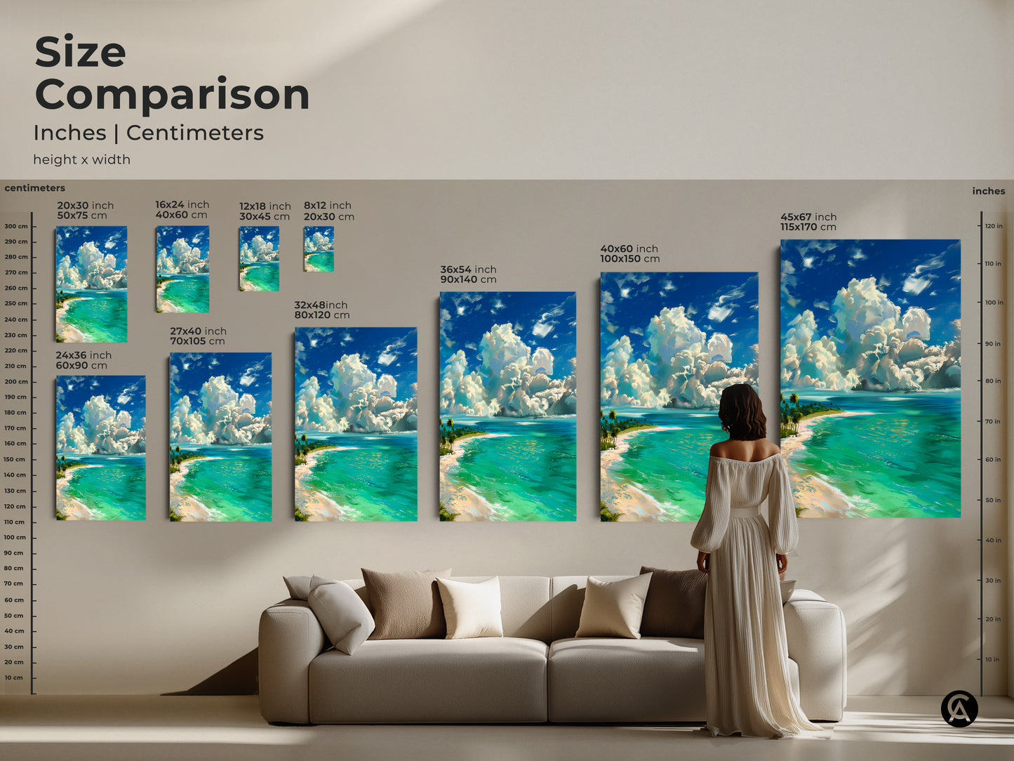 Compare sizes of beach artwork for your space. This size comparison guide shows canvas and poster options from 8x12 to 45x67 inches. Find the ideal dimensions to create a stunning focal point in your home.