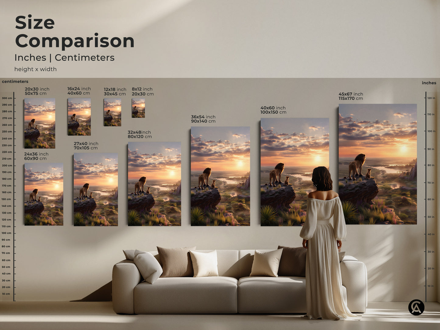 Size comparison of lion and cub art prints in inches and centimeters. See how different sizes look above a sofa. This golden hour landscape canvas transforms your living space. The wildlife nursery decor adds warmth and charm. Discover the perfect scale for your nature inspired art.