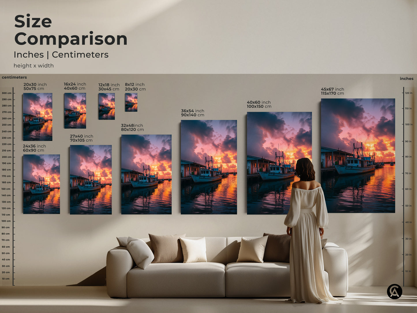 Size comparison of coastal sunset canvas prints. See how the fishing boat art looks in different dimensions above a sofa. Choose the perfect size for your nautical themed canvas or beach house decor. Ideal for seaside landscape canvas or a tranquil marina canvas.
