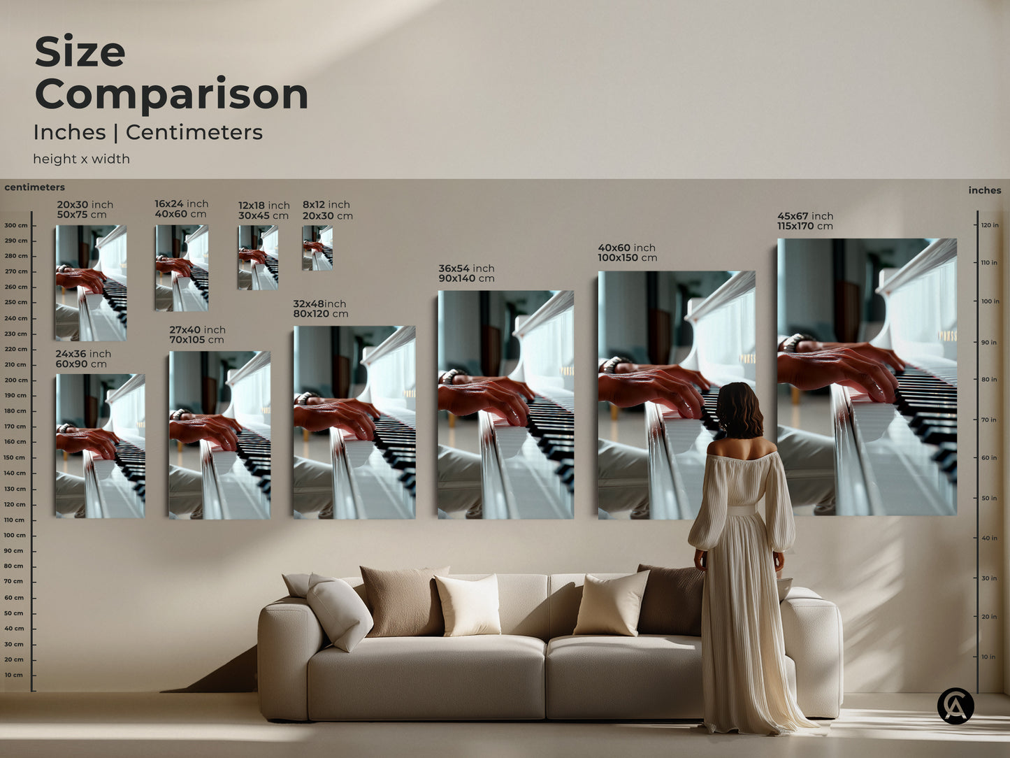 Size comparison of piano artwork prints. See how the art looks in different sizes above a couch. Perfect for planning your home decor. Each print shows hands playing a white grand piano. Visualize the impact of your art