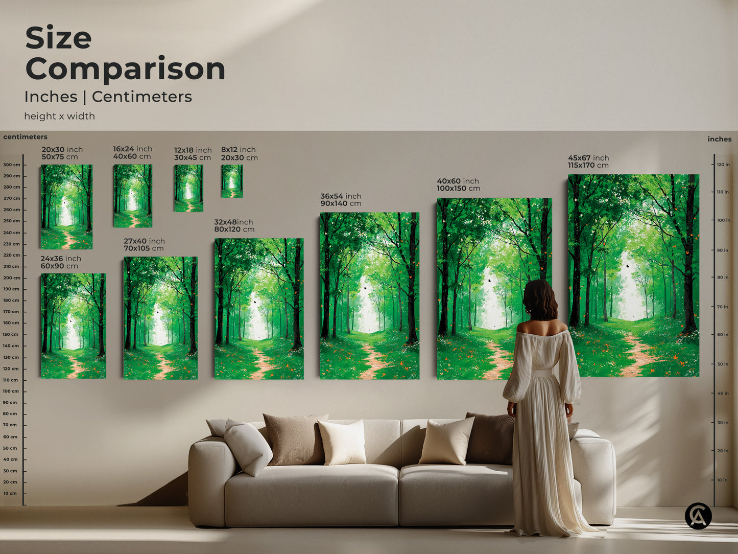 Size comparison showing the emerald green forest path art in various sizes. Perfect for any space. This boho butterfly woodland wall decor offers a peaceful nature landscape from small to large sizes.
