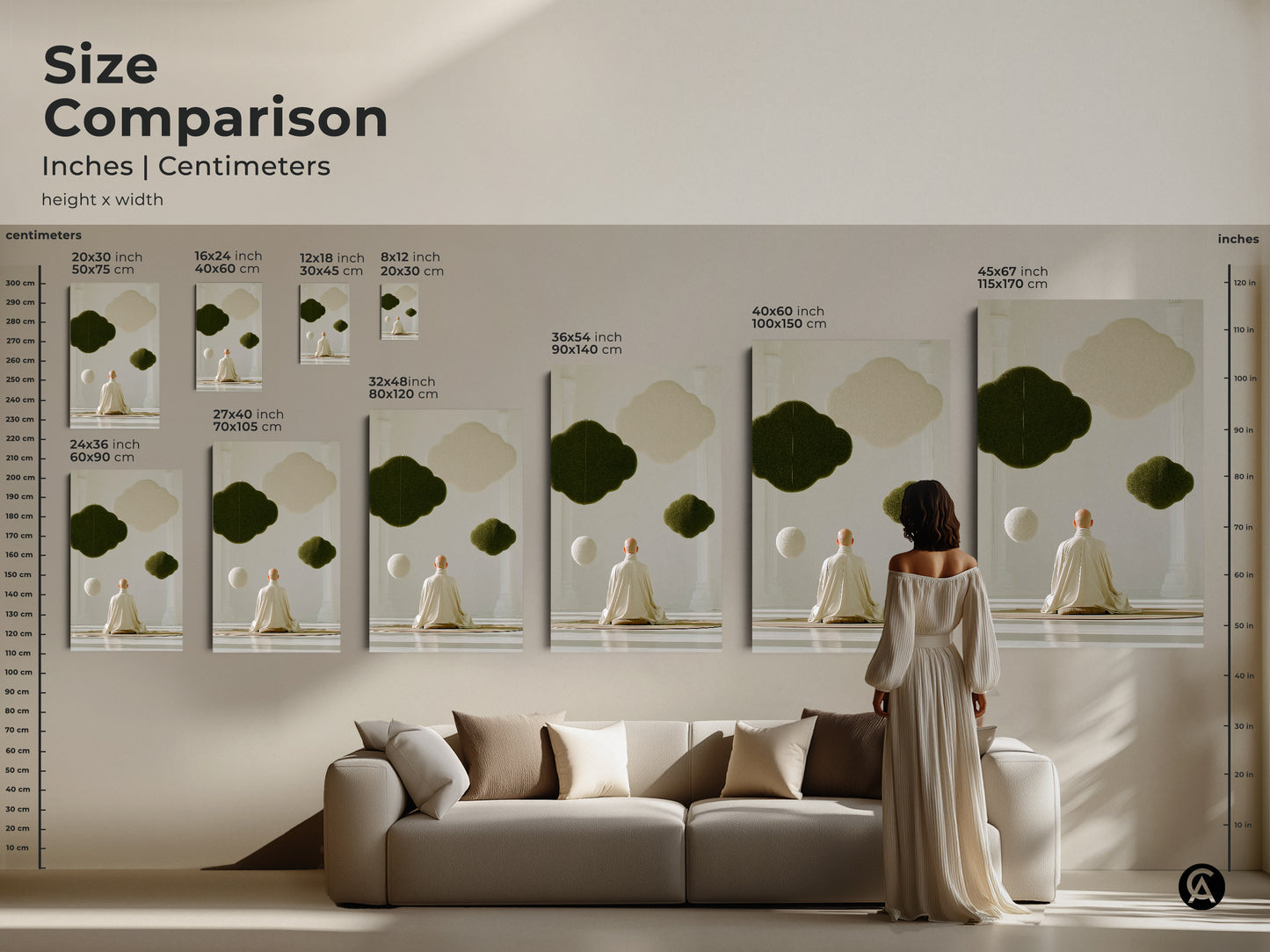 Size comparison of zen monk meditation art in inches and centimeters. Various sizes available from small to large. This neutral tone wall art is a great housewarming gift for her. It serves as calming artwork for any space.