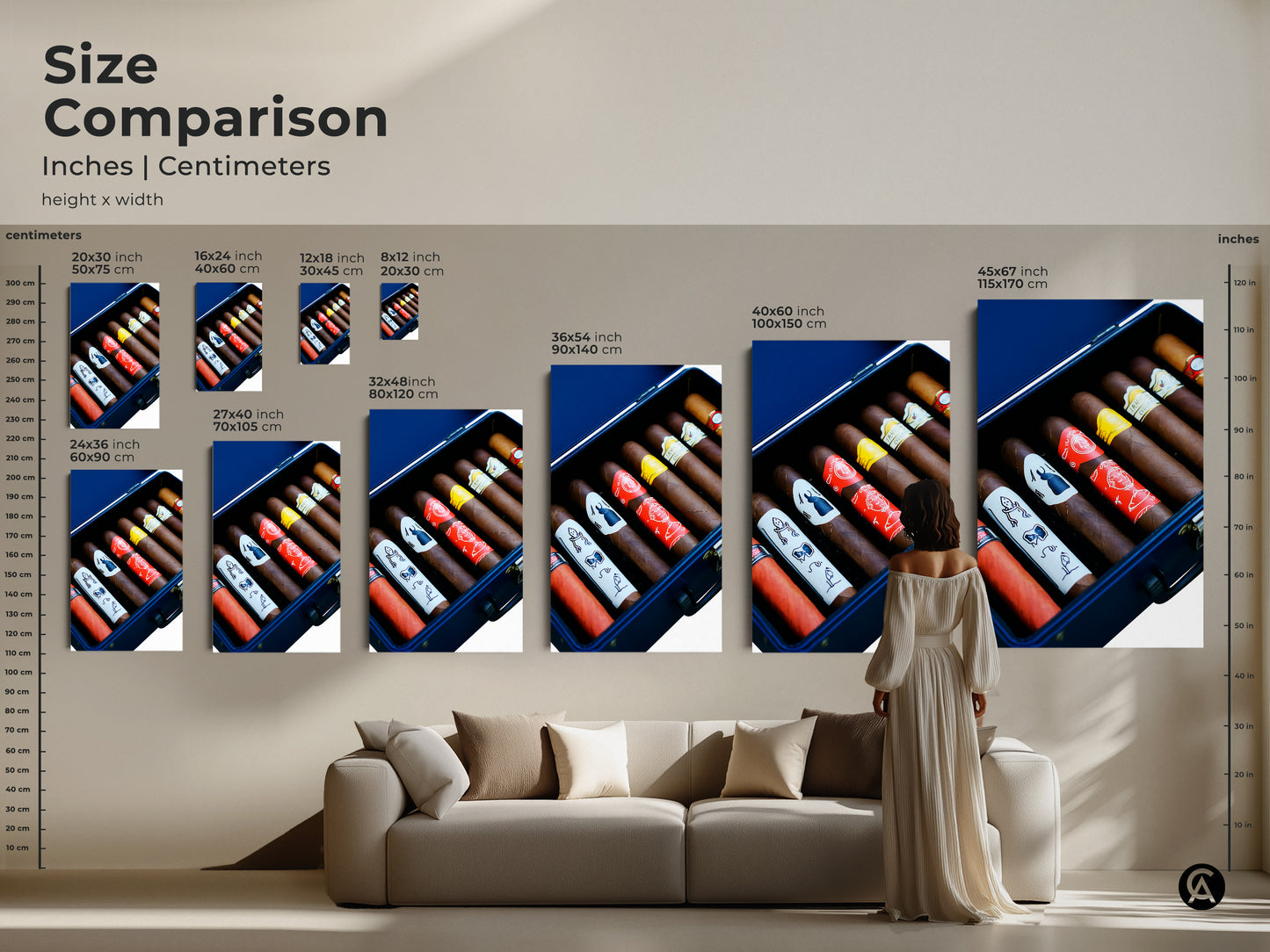 Size comparison of cigar humidor art in inches and centimeters. Select a size for your canvas or poster print. This realistic art is ideal for a man cave. Premium decor features rich browns and deep reds. Find the perfect art for your home bar today