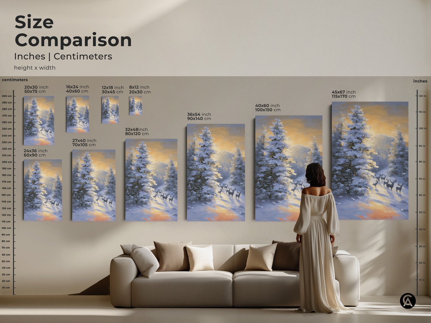 Size comparison in inches and centimeters. The deer in snowy forest art is shown in various sizes. This rustic winter wildlife wall art is an impressionistic landscape painting. It is perfect outdoor nature artwork. This is winter wonderland painting