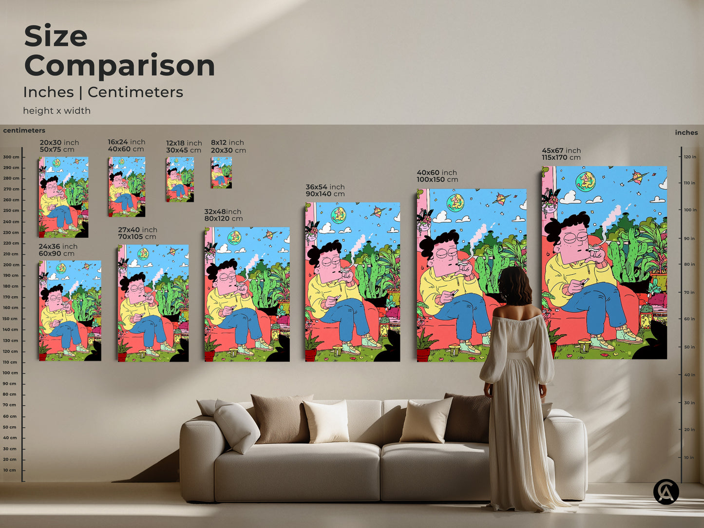Size comparison of art prints and canvases in inches and centimeters. Visualize different sizes to fit your space perfectly. Choose from various dimensions to match your decor needs. Compare canvas and poster sizes side by side. Find the ideal artwork dimensions.
